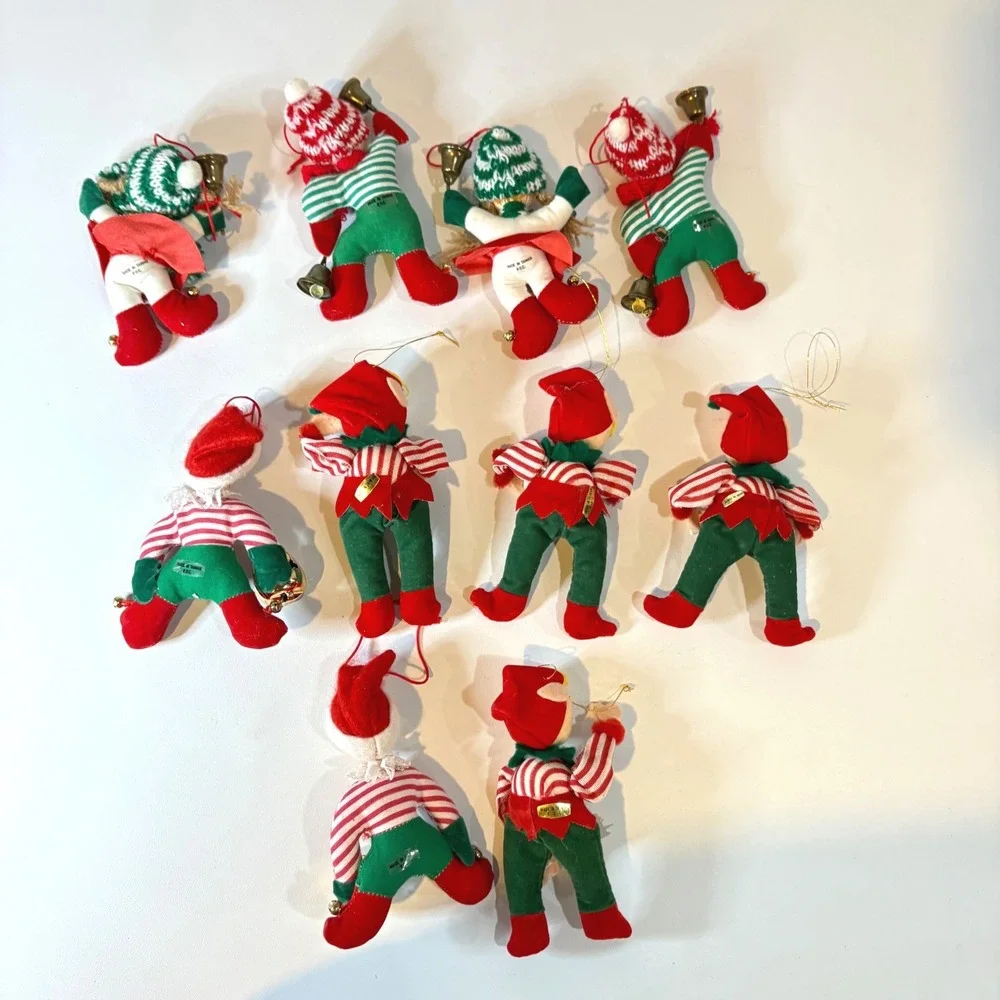 Vintage Christmas Elf Pixie Ornaments Lot of 10 Felt Mid Century Red Green Gold